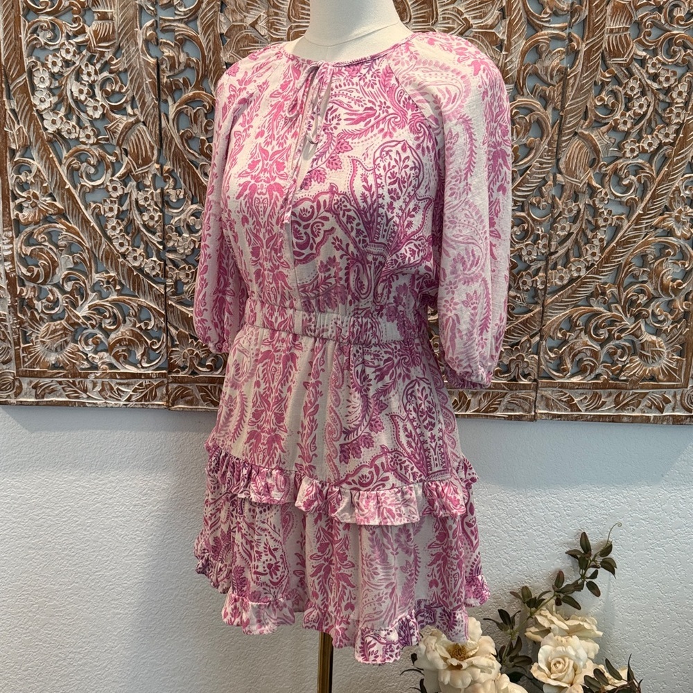Zara Romantic Flirty Pink & White Paisley Layered Linen Mini Dress- size XS - Picture 6 of 16